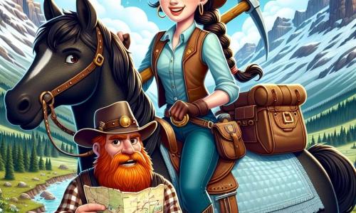 Clara, eine etwa 20-jährige Cowgirl, steht im Mittelpunkt des Bildes. Sie hat lange, geflochtene braune Haare, trägt einen Cowboyhut und eine Lederjacke, und ihr Gesicht zeigt Entschlossenheit und Aufregung. Sie hält eine Karte über ihrem Kopf und lächelt selbstbewusst auf ihrem schwarzen Pferd namens Blitz, das stolz an ihrer Seite steht. In der Nähe steht Big Joe, ein Mann in seinen Dreißigern, etwas im Hintergrund. Er hat einen roten Bart, trägt ein kariertes Hemd und einen abgenutzten Cowboyhut. Er schaut Clara mit Überraschung und Neugier an, hält in einer Hand eine Picke und in der anderen eine Karte. Die Szenerie zeigt ein gebirgiges Tal mit majestätischen Gipfeln im Hintergrund, funkelnden Felsen und einem blauen Himmel mit weißen Wolken. Ein kleiner Bach schlängelt sich durch die Szene und verleiht der Umgebung Frische. Die Hauptsituation zeigt Clara, die mutig den Männern von Big Joe einen Vorschlag macht, das Goldschatz zu teilen, was den Abenteuergeist und die Kameradschaft verdeutlicht.