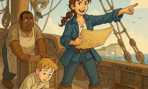 Die Protagonistin ist eine zwanzigjährige Piratin mit unordentlichem geflochtenem braunem Haar, abgenutzter blauer Segeltuchjacke und fuchsfarbenen Lederstiefeln; sie lächelt entschlossen, funkelnde Augen, hält eine alte, geöffnete Karte auf dem Deck. Neben einer Holzkiste steht Boris, etwa 40, stämmig, mit fleckiger Schürze und schiebt einen Eimer, konzentrierte Stirn, links von ihr. Tauba, ca. 25, schlank und wendig, kurze blonde Haare, sitzt oben am Mast und befestigt ein Tau, Blick zur See. Emil, etwa 16, blass und schüchtern, hockt mit einer Lupe und einer zerknitterten Mini-Karte am geöffneten Kofferfuß der Protagonistin. Schauplatz ist das Holzdeck des alten Seglers „Nebelkrähe“ mit abgegriffenen Planken, knorrigen Tauen, teils zerrissener Segel, sanftblauem Himmel, kreisenden Möwen, ferne singende Klippen und silberne Wasserreflexe. Die Szene zeigt das Team um einen Hinweis versammelt: die Piratin deutet die Karte zum Horizont, die anderen untersuchen ein graviertes Holzstück; Stimmung von Kameradschaft, Morgenlicht, warme Farben und detaillierte Texturen.