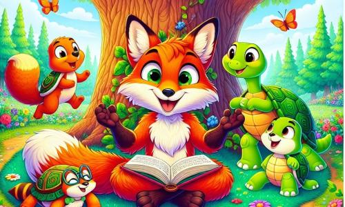 Roco, un zorro de pelaje naranja brillante y ojos curiosos, está en el centro de la escena, sonriendo mientras cuenta una historia a sus amigos. Se sienta bajo un gran roble, con las patas delanteras sobre un libro abierto, rodeado de flores coloridas. A su derecha, Tina, una tortuga de caparazón verde decorado, lo escucha atentamente, sus ojos brillando de admiración. A la izquierda, Mico, un pequeño mapache de pelaje gris y grandes orejas, ríe con entusiasmo, de pie sobre una piedra. El lugar es un hermoso rincón del Bosque de los Susurros, con árboles majestuosos, flores multicolores y un cielo azul claro. La escena principal muestra a Roco compartiendo una historia sobre la amistad y el respeto, mientras los otros animales se reúnen a su alrededor, escuchando con atención y sonriendo, creando una atmósfera cálida y acogedora.