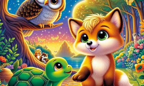 Al centro dell'immagine, una piccola volpe dai peli dorati, di nome Lupo, osserva con meraviglia un grande albero dalle foglie scintillanti, che rappresenta il giardino dei sogni. I suoi occhi brillano di eccitazione e curiosità, mentre si tiene sulle zampe anteriori, pronto a esplorare questo luogo magico. Accanto a lui, una dolce tartaruga con il guscio verde e gli occhi saggi esprime una serenità rassicurante. In secondo piano, un gufo dalle piume grigie e dagli occhi profondi si posa su un ramo, osservando la scena con orgoglio e saggezza, pronto a guidare Lupo nel suo viaggio. Il giardino è un luogo incantevole, pieno di fiori colorati e alberi maestosi, illuminato da una luce dorata. La scena principale mostra Lupo che scopre con meraviglia il giardino dei sogni, mentre la tartaruga e il gufo lo osservano, pronti a condividere la loro saggezza sulla vita e le scelte da fare.
