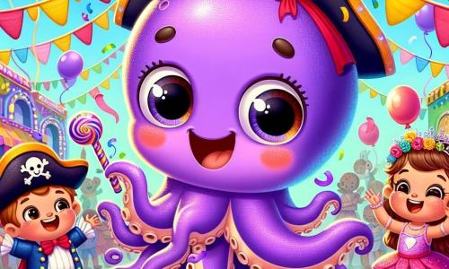 Pepo el pulpo, un adorable pulpo morado con grandes ojos redondos y una amplia sonrisa, baila alegremente en medio de un carnaval animado, con sus ocho tentáculos girando a su alrededor. Parece emocionado y un poco perdido, buscando a su familia entre la multitud. Cerca, un pequeño pirata con un sombrero negro adornado con una pluma roja, con una sonrisa traviesa en su rostro, empuña una espada de plástico y ríe con sus amigos. Un hada con alas brillantes, vestida con un vestido rosa y una corona de flores, aplaude mientras baila, su rostro radiante de alegría. El carnaval se desarrolla en una calle colorida, decorada con guirnaldas multicolores, globos flotantes y confeti que cae del cielo. Niños disfrazados se divierten alrededor de Pepo, creando un ambiente festivo y alegre. Mientras baila, Pepo se da cuenta de que se ha alejado de su familia y comienza a buscar a su alrededor, con una mezcla de emoción y preocupación en sus grandes ojos.