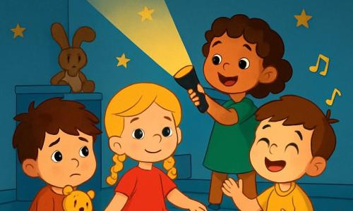 Ci sono 4 bambini: - Luca: un ragazzo di 5 anni, con capelli castani disordinati e grandi occhi curiosi. È seduto per terra, stringendo un piccolo peluche contro di sé, con un'espressione di preoccupazione sul volto. - Sara: una ragazza di 6 anni, con capelli biondi intrecciati e un sorriso rassicurante. È accanto a Luca, tenendogli dolcemente la mano, mostrando che è lì per sostenerlo. - Giulia: una ragazza di 5 anni, con capelli ricci e una piccola torcia in mano. È in piedi, illuminando il muro con la sua torcia, con gli occhi scintillanti di gioia. - Tommaso: un ragazzo di 6 anni, con capelli castani e un grande sorriso. È seduto di fronte a Luca e Sara, cantando allegramente per rassicurarli. Il luogo è una cameretta, con le pareti dipinte di blu chiaro e stelle dorate attaccate al soffitto. Il pavimento è coperto da un morbido e colorato tappeto, e ci sono giocattoli sparsi in giro. La luce della torcia di Giulia crea ombre danzanti sui muri, aggiungendo un tocco magico all'atmosfera. I bambini sono riuniti nella stanza, circondati dall'oscurità, ma confortati dalla luce della torcia. Ridono e condividono storie, trasformando la loro paura del buio in un momento gioioso e caloroso.