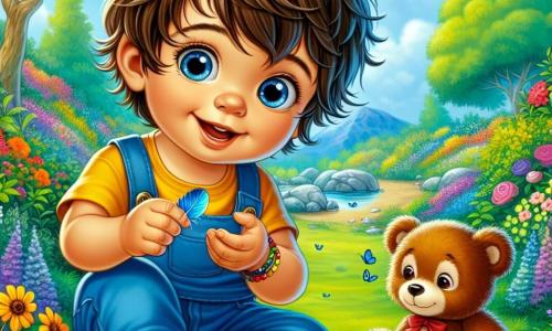 Un bambino di un anno, di nome Luca, si trova al centro dell'immagine, con grandi occhi curiosi e un ampio sorriso. Ha capelli castani disordinati e indossa una salopette blu con una maglietta gialla. Nelle sue piccole mani tiene una piuma blu brillante, guardando intorno a sé con meraviglia. Accanto a lui c'è il suo fedele amico, Teddy, un orsetto di peluche marrone con un piccolo fiocco rosso attorno al collo. Teddy è seduto sull'erba, con un'espressione attenta, come se ascoltasse le idee di Luca per risolvere il mistero. Il contesto è un giardino colorato, pieno di fiori vivaci, grandi alberi verdi e un cielo azzurro chiaro con alcune nuvole bianche. Si vede un piccolo sentiero di terra che si snoda nel giardino, aggiungendo un tocco di magia all'ambiente. La scena principale mostra Luca e Teddy impegnati in un'indagine, scrutando il terreno e i dintorni, cercando indizi per ritrovare il proprietario della piuma blu. Luca è inclinato in avanti, con un'espressione determinata, mentre Teddy sembra pronto ad aiutarlo in questa avventura emozionante.