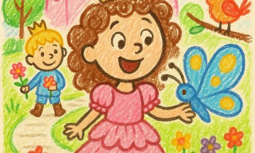 Princesa niña sonriente y asombrada, vestido rosa claro con volantes, pelo castaño rizado y pequeña corona dorada, sostiene delicadamente una gran mariposa azul con manchas amarillas; mariposa brillante de alas grandes; pájaro pequeño y redondo rojo y naranja posado en una rama a la derecha cantando; príncipe niño de 4-5 años, pelo rubio corto y traje azul cielo, con una flor, a unos pasos detrás con mirada alegre; jardín luminoso del castillo con césped verde y flores coloridas, árboles redondeados, camino de piedras blancas y castillo de torres rosas al fondo; escena principal: la princesa sigue a la mariposa sonriendo, ambiente dulce y juguetón, trazo de lápiz grueso, colores pastel, contornos simples y formas redondeadas, expresión cálida y segura, composición centrada en la princesa y la mariposa.