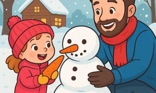 O fetiță de 2 ani, cu obraje roz și ochi strălucitori, poartă o salopetă de iarnă roz aprins și o căciulă din lână. Zâmbește fericită, ținând în mâinile ei mici un nas mare de morcov, pregătită să-l pună pe un om de zăpadă. Lângă ea, tatăl ei, un bărbat de aproximativ 30 de ani cu barbă brună și un zâmbet cald, modelează corpul omului de zăpadă, îmbrăcat într-o haină albastră și o eșarfă roșie. Scena se desfășoară într-o curte acoperită de zăpadă, cu fulgi de zăpadă căzând ușor din cerul gri deschis, copaci goi înconjurând spațiul și o casă din lemn cu feronerie iluminate în fundal. Fetița este entuziasmată și plină de viață, în timp ce tatăl ei o încurajează cu o privire afectuoasă. Amândoi sunt înconjurați de un peisaj de iarnă magic, unde zăpada strălucește sub lumina blândă a zilei.