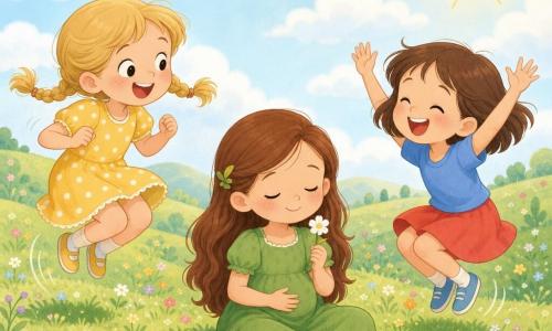 Three characters: Anna, about 5, blonde in two small pigtails, yellow polka-dot dress, standing left mid-jump with bent legs, big smile, looking at Lily; Mia, about 5, short brown hair, blue T-shirt and red skirt, crouched right of Lily with hands raised as if cheering, laughing eyes; Lily, about 5, long light-brown hair, green dress, sitting center on the grass holding a small white flower, hands on her stomach, shy smile, beginning to breathe deeply. Setting: a gentle meadow with green grass and small colorful flowers, pale blue sky with a warm round sun top right, a few fluffy clouds and a small hill in the background. Main situation: the friends bounce left and right with a 