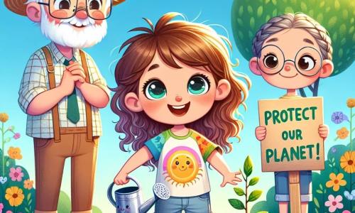 Un niño de 7 años, llamado Pablo, con cabello castaño y rizado, sonríe alegremente mientras sostiene una pequeña regadera, listo para regar un joven árbol que acaba de plantar. Sus ojos brillan de emoción y lleva una camiseta colorida con un diseño de sol y un pantalón corto de mezclilla. A su lado, su mejor amiga Ana, una niña de 7 años con largas trenzas y gafas redondas, observa con entusiasmo. Ella sostiene un cartel de cartón que dice 