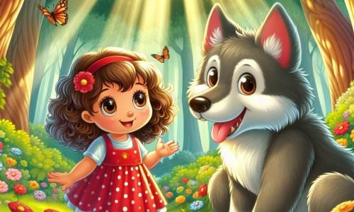 O fetiță de 4 ani, pe nume Maria, cu părul brun și creț, ochi mari și curioși și un zâmbet strălucitor, stă în mijlocul unei poieni însorite, înconjurată de flori colorate. Ea poartă o rochie roșie cu buline albe și sandale galbene, privindu-l cu uimire pe un mare lup gri, care pare prietenos, așezat pe iarbă lângă ea. Lupul, cu blana sa moale și ochii jucăuși, îi zâmbește Mariei, arătându-și dinții albi fără amenințare, ca și cum ar dori să devină prietenul ei. Scena se desfășoară într-o pădure minunată, unde copaci mari cu trunchiuri groase se ridică spre cer, iar razele soarelui filtrează printre frunze, creând modele luminoase pe sol. Fluturi colorați zboară în jurul lor, adăugând o notă de magie mediului. În această situație principală, Maria și lupul discută vesel, în timp ce ea îi arată cutia cu comori pe care tocmai a descoperit-o sub un copac uriaș, simbolizând noua lor prietenie și curajul pe care l-a găsit în ea.