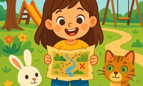 A 4-year-old girl named Mia, with long brown hair and sparkling curious eyes, holds an old paper map in her small hands. She wears a bright yellow t-shirt and denim shorts, displaying a big excited smile. Beside her, a small white rabbit named Ben, with soft fur, looks at the map with round, curious eyes. A little further away, Lily, a tabby cat with bright green eyes, sits on the grass, her tail wrapped around her paws, ready to follow them on their adventure. The setting is a sunny park filled with colorful flowers and majestic trees, featuring a large wooden slide and a swing gently swaying in the breeze. In the background, a winding path leads to a mysterious place marked on the map. The main scene shows Mia, Ben, and Lily gathered around the map, ready to embark on their adventure, their faces lit up with excitement and anticipation to discover "The Secret Place."