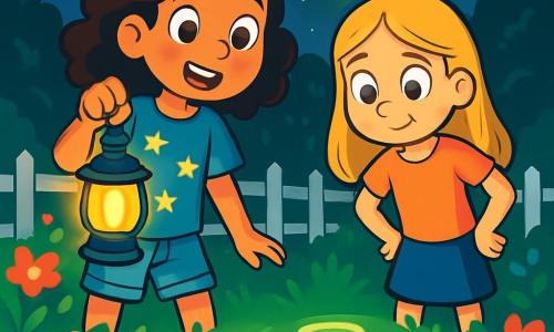 Uma menina de 10 anos, Valentina, com cabelos castanhos e cacheados, olhos brilhantes de curiosidade, está em um jardim verdejante segurando uma lanterna, com o rosto iluminado por uma luz de excitação. Ela usa uma camiseta azul com estrelas e um short de jeans. Ao lado dela, sua melhor amiga Sofia, também de 10 anos, com cabelos loiros e lisos, observa atentamente o chão, com um sorriso intrigado e as mãos na cintura. O jardim está cheio de flores coloridas, com uma cerca de madeira branca e um céu noturno estrelado ao fundo, onde uma luz verde misteriosa brilha. No centro da imagem, Valentina e Sofia se inclinam sobre marcas brilhantes e redondas na grama, como se tivessem descoberto um segredo extraterrestre. A atmosfera é mágica e cheia de mistério, com estrelas cintilantes e uma leve brisa que faz as folhas dançarem.