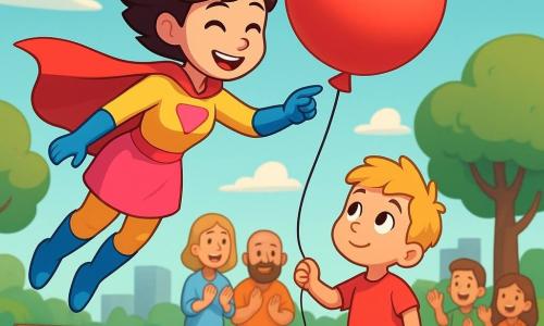A smiling female superhero with a flowing red cape, shiny blue boots and a yellow-and-pink costume, short brown hair blowing, leans forward as she gently guides a large red balloon with her right hand; a small boy, Timmy, about five with tousled blond hair, holds the string and looks up in wonder standing on the grass in front of her while adults and children in the park clap behind him; the giant balloon bounces lightly off the superhero's nose, creating a funny, tender moment in a colorful urban park with a gravel path, wooden benches, round trees and low buildings under a clear blue sky—the superhero gently returns the lost balloon to the child, warm and safe atmosphere with soft light and vivid contrasts.