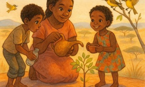 Adult woman Amira, round face, cacao skin, braided hair, kneeling with a calabash watering gourd, gently watering a small green shoot; to her right a smiling young girl in a colorful dress holds a small clay cup to the plant, to her left a bronze-skinned boy in rolled pants leans forward with a canteen ready to pour; colorful yellow-and-black weaver birds flutter and perch nearby with twigs; on the warm cracked flat rock 