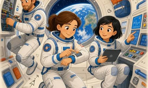 Mujer astronauta Valeria, rostro sonriente y concentrado, pelo castaño recogido, traje espacial blanco y azul con parches, flota ligeramente ajustando un panel de control en su antebrazo con un pequeño testigo naranja intermitente; mujer Mei, ~30 años, asiática, pelo corto negro, mirada atenta, sostiene una tableta y señala una pantalla, flotando sentada a la derecha de Valeria; hombre Alex, ~35 años, ingeniero, pelo castaño y barba ligera, serio y concentrado, aprieta un tornillo en un tablero eléctrico con herramientas magnéticas a la izquierda y algo atrás; interior de estación espacial con paredes curvas metálicas crema y remaches, paneles de control con botones de colores y pantallas azules, sacos de dormir con velcro, tuberías y cables guardados, gran escotilla redonda mostrando la Tierra; escena de reparación tranquila y solidaria: Valeria verifica una alerta de temperatura en su traje mientras sus compañeros ayudan con gestos precisos, luz suave del escotilla y pequeños stickers y garabatos infantiles superpuestos alrededor.