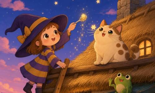 Willa is a small, cheerful girl witch with bright round eyes, fair skin and freckles, wearing an oversized pointed hat and a purple-and-yellow striped dress, holding a small silver spoon toward the sky as she pours a grain of star; Button is a plump male cat with cream fur and brown patches, long whiskers, perched on the railing catching a twinkling star on his whisker; a little green toad with bulging eyes and a simple smile sits on the gutter, raising a leg; the warm thatched rooftop at dusk features a stone chimney, a navy sky dotted with golden stars and pink clouds, soft oil lamps, and gentle sparkles falling around Willa; visual style: simple rounded shapes, saturated pastels, fine outlines, soft textures, cozy magical mood, centered composition suitable for a four-year-old.
