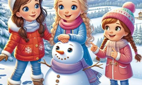 Drei Mädchen, Mia, Lina und Emma, stehen auf einem verschneiten Hügel. Mia, 8 Jahre alt, hat lange braune Haare und trägt eine leuchtend rote Jacke, sie schaut bewundernd auf die Landschaft. Lina, ebenfalls 8 Jahre alt, hat blonde Zöpfe und einen blauen Schal, sie zeigt auf die Fußspuren im Schnee. Emma, 9 Jahre alt, hat kastanienbraune Haare und trägt eine rosa Mütze, sie lächelt, während sie eine Karotte für die Nase des Schneemanns hält, den sie gerade gebaut haben. Die Szenerie ist eine märchenhafte Winterlandschaft mit schneebedeckten Bäumen, einem hellblauen Himmel und sanft fallenden Schneeflocken. In der Ferne sind majestätische Berge zu sehen, und der Boden ist mit einer dicken Schicht unberührtem Schnee bedeckt. Die Mädchen haben Spaß beim Bau eines Schneemanns, lachen und spielen zusammen, während sie über die Tiere sprechen, die sie gesehen haben, und über die Wunder der Natur.
