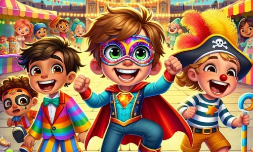 Um menino de 8 anos, Léo, está no centro do palco, com olhos brilhantes de emoção e um grande sorriso. Ele veste uma fantasia de super-herói com uma capa vermelha vibrante e uma máscara colorida, seus cabelos castanhos bagunçados acrescentando à sua aparência dinâmica. Ao seu lado, sua melhor amiga Clara, uma menina de 8 anos, está fantasiada de pirata com um chapéu de penas e um lenço listrado, rindo alegremente enquanto segura uma espada de plástico. Um pouco mais longe, Miguel, um menino de 8 anos, está vestido de palhaço com um nariz vermelho e sapatos oversized, fazendo caretas para divertir seus amigos. O cenário é uma grande praça central, cheia de cores vivas e decorações de carnaval. Balões flutuam no ar, e barracas de guloseimas coloridas cercam a praça, enquanto um grande carro decorado com flores e luzes brilha ao sol. A cena principal mostra Léo, Clara e Miguel dançando juntos no meio da multidão alegre, cercados por criaturas fantásticas e músicos, todos celebrando o carnaval com risadas e canções, criando uma atmosfera mágica e festiva.