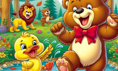 A bear named Benny, with soft brown fur and a large red bow tie, joyfully dances by a pond, his face radiating happiness and excitement. Next to him, a lion named Leo, with a golden mane and a mischievous smile, shakes off after falling into the water, splashing droplets around him. Not far away, a little duck named Daisy, with bright yellow feathers, laughs as she tries to put on her wet dancing shoes, her eyes sparkling with mischief. The pond is surrounded by tall green trees, colorful flowers, and falling leaves, creating a joyful and lively atmosphere. The scene depicts Benny, Leo, and Daisy laughing and dancing together, celebrating their friendship and a day full of adventures.