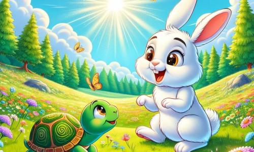 In a lush meadow, a little white rabbit named Benny, with sparkling curious eyes and a radiant smile, joyfully hops among colorful flowers. He looks amazed and full of energy, his large ears perked up towards the sky. Nearby, a wise turtle named Tully, with a shell adorned with vibrant patterns, watches Benny with a kind smile. She sits on a rock, her eyes shining with wisdom, ready to share her knowledge. The setting is a sunny meadow filled with bright flowers and fluttering butterflies, with majestic trees in the background. The sky is a bright blue, dotted with fluffy white clouds. The main scene shows Benny asking Tully questions as she tells him an inspiring story about light and friendship, creating an atmosphere of discovery and joy.