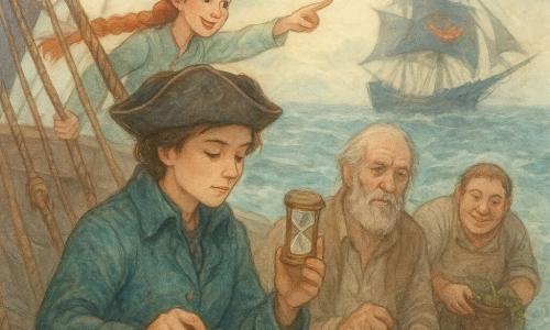 Captain Mira Quill, ~30, focused and calm with short brown hair under a worn tricorn and a creased teal coat, holds a wooden loch log and counts at the stern; Tamsin, ~16, sharp, mischievous red-braided girl, perched on the left yard pointing at another ship; Fen, ~65, wrinkled with a scruffy gray beard, stands by the poop holding a small wooden hourglass and watching the knots; Jory, ~35, broad and jovial with an onion-stained apron, leans over the starboard rail ready to toss a bucket of seaweed as a false trail; the Silver Minnow’s deck is dark waxed wood with wet gleaming rigging and silver sails, white spray and green foam around the hull; background shows a dark, swirling tide rip with foam rings and circling birds, and the distant silhouette of the Grinning Wraith flying a large red smiling banner; overall mood: quiet tension as the small frigate speeds through the turbulent current, crew using the loch log and quick, calculated actions to deceive a pursuer—adventure and cunning.
