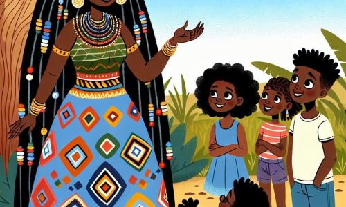 Amina, eine afrikanische Frau in ihren Dreißigern, steht lächelnd im Mittelpunkt der Szene. Sie hat lange schwarze Zöpfe, geschmückt mit bunten Perlen, und trägt ein traditionelles Kleid aus lebhaftem, geometrisch gemustertem Stoff. Ihre Augen strahlen Weisheit und Empathie aus, während sie den Kindern, die ihr aufmerksam zuhören, die Hand entgegenstreckt. Neben ihr steht Kito, ein 20-jähriger junger Mann mit kurzen Haaren, in einem einfachen T-Shirt und einer Stoffhose, bewundernd auf Amina blickend. Eine Gruppe von Kindern, zwei Mädchen und ein Junge im Alter von etwa 8 bis 10 Jahren, umringt sie, fasziniert von der Geschichte, die Amina erzählt. Die Mädchen tragen bunte Kleider, während der Junge Shorts und ein T-Shirt hat. Die Szene spielt unter einem majestätischen Baobab, dessen breite Äste Schatten spenden. Der Boden ist mit grünen Blättern und wilden Blumen bedeckt, im Hintergrund sind typische Lehmhäuser eines afrikanischen Dorfes mit warmen Farben und Strohdächern zu sehen. Amina erzählt den Kindern eine fesselnde Geschichte über die Bedeutung von Gemeinschaft und Teilen, während die Sonne langsam untergeht und goldenes Licht auf diese lebendige und harmonische Szene wirft.