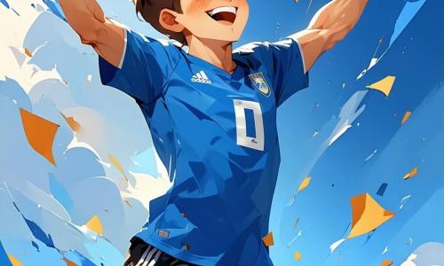 Un joven, Lucas, de unos 16 años, está en el centro de la imagen, con una expresión de alegría y determinación. Lleva una camiseta de fútbol azul con el número 10, pantalones cortos negros y zapatillas blancas. Sus cabellos castaños están un poco desordenados y celebra un gol, levantando los brazos con una gran sonrisa. A su lado, un niño de 10 años, Tomás, con una camiseta de los Halcones, salta de alegría con ojos brillantes de admiración, gritando el nombre de Lucas y levantando los brazos en señal de apoyo. El fondo es un estadio vibrante, lleno de espectadores entusiastas con bufandas y banderas del equipo. El cielo es azul y el sol brilla, creando una atmósfera festiva. La escena muestra a Lucas anotando un gol decisivo mientras Tomás lo anima desde las gradas, reflejando la pasión y el espíritu de equipo del fútbol.