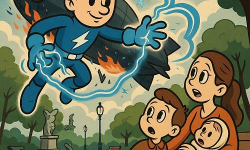 Un hombre llamado Tomás, de aire decidido y tranquilo, rasgos redondeados y cabello azul eléctrico en copete, con traje azul brillante con relámpagos plateados en el pecho, vuela sobre un parque canalizando un gran arco eléctrico azul con las manos para amortiguar la caída de un dirigible; un niño de unos 8 años, pelo castaño corto y expresión asombrada, sujeta la mano de una mujer y señala al cielo desde la primera fila a la derecha; una mujer de unos 35 años, con pelo castaño largo recogido, arrodillada junto a un banco y con expresión de alivio, protege a un bebé en brazos en el centro-izquierda; el dirigible gris oscuro con símbolos negros yace medio hundido entre los árboles, en llamas con chispas azules y fragmentos metálicos; el parque amplio y luminoso tiene césped verde, caminos de grava clara, árboles de hojas grandes, una estatua rota y farolas victorianas torcidas; escena dinámica y centrada en la acción heroica de estilo cartoon retro con colores vivos y contrastes marcados.