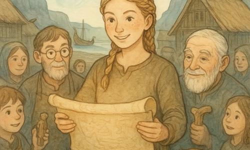 La protagonista es Astrid, una joven vikinga de rostro redondo, pecas, cabello rubio trenzado, mirada decidida y luminosa, que sostiene un viejo pergamino desplegado y lo muestra al pueblo con postura confiada y leve sonrisa; a su lado hay un anciano sabio de unos 70 años apoyado en un bastón de madera tallada, barba blanca corta y ojos arrugados y risueños que miran el pergamino con benevolencia. Un carpintero de unos 60 años, en primer plano a la izquierda, con gafas redondas y delantal de cuero sostiene una pequeña figurita de madera y mira atentamente a Astrid. Alrededor, aldeanos de todas las edades forman un semicírculo con ropas de lana tosca, curiosos y maravillados, y algunos niños señalan el pergamino. La escena ocurre en la plaza central de un poblado costero nórdico: casas de madera con techos de paja, drakkars amarrados, acantilados grises y mar azul oscuro bajo un cielo de aurora pálida. Astrid revela una técnica agrícola ancestral, un momento de esperanza compartida con luz suave sobre el pergamino, polvo de paja flotando y una atmósfera cálida y solemne.