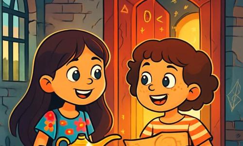 Ci sono 2 personaggi principali: Giulia, una ragazza di 8 anni con lunghi capelli castani e occhi scintillanti, che indossa un vestito colorato con motivi floreali e tiene una piccola lampada magica che emana una luce soffusa; e Marta, una ragazza di 8 anni con capelli corti e ricci di colore castano, che indossa una maglietta a righe e un pantaloncino di jeans, e tiene una mappa antica che scintilla leggermente. Le due amiche si trovano davanti a una porta misteriosa, decorata con simboli dorati, che si apre su un corridoio luminoso. La scena si svolge in un antico edificio abbandonato, con muri di mattoni usurati e finestre rotte, dove la luce del sole filtra attraverso i detriti, creando ombre danzanti sul pavimento. La porta, di velluto rosso, è circondata da polvere e ragnatele, aggiungendo un tocco di mistero all'atmosfera. Giulia e Marta sono pronte a entrare nel corridoio magico, i loro volti illuminati dall'eccitazione e dalla curiosità, scambiandosi uno sguardo complice, determinate a scoprire le meraviglie che le aspettano nel mondo fantastico oltre la porta.