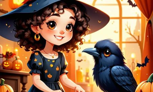 Una ragazza di 8 anni, Chiara, con capelli ricci e un grande sorriso radioso, sta decorando un tavolo per Halloween. Indossa un bel costume da strega, con un vestito nero decorato con motivi di zucche e un piccolo cappello a punta. I suoi occhi brillano di eccitazione e gioia. Accanto a lei, un corvo nero dalle piume lucenti si posa sul bordo del tavolo, osservando attentamente i dolcetti colorati. Sembra curioso e amichevole, pronto ad aiutare Chiara nel suo compito. Il luogo è un soggiorno accogliente, con pareti dipinte di arancione e decorazioni di Halloween appese. Festoni di pipistrelli di carta e lanterne a forma di zucca illuminano la stanza, creando un'atmosfera festosa e magica. La scena principale mostra Chiara mentre dispone dolcetti multicolori sul tavolo, circondata da sagome di carta di fantasmi e pipistrelli che danzano alla luce delle candele. L'atmosfera è gioiosa e piena di magia, pronta per la festa di Halloween.