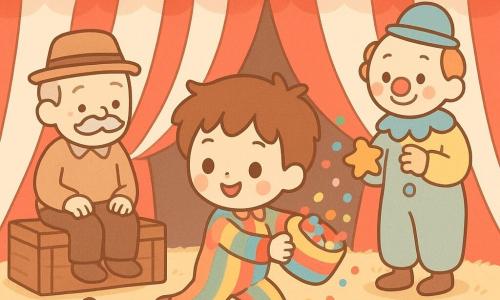 Un bambino di 6 anni, allegro ma concentrato, capelli castani spettinati e occhi vivaci, indossa un piccolo costume a righe colorate e tiene una scatola rotonda arcobaleno di coriandoli che apre lentamente mentre termina una pirouetta; a sinistra seduto su un baule c'è un uomo anziano (Nonno Tino) di circa 70 anni, dal volto dolce con baffi ricci e cappello consumato, che sorride guardando il bambino con orgoglio; sullo sfondo a destra un clown adulto di circa 30 anni, trucco semplice e naso rosso, in abito largo pastello fa una piccola riverenza tenendo un biscotto a forma di stella; vicino al piede del bambino su un baule c'è un piccolo topo di peluche con un minuscolo cappello che fa un saluto comico; l'ambientazione è l'interno di un tendone da circo a righe rosse e bianche con luci calde sospese, paglia a terra e bauli di legno sullo sfondo; scena centrata e leggibile per bambini, atmosfera gioiosa, colori vivaci, forme arrotondate e semplici.