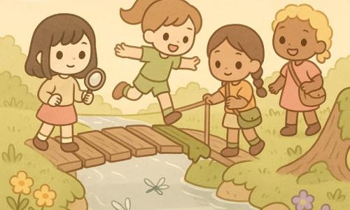 Quattro bambine di 10 anni: Sara, capelli neri medio-lunghi con lente in mano e sorriso determinato all'inizio di un ponticello di legno che guarda l'altra riva; Emma, coda di cavallo castano chiaro in abito verde, saltella su una trave con le braccia aperte per l'equilibrio; Lara, trecce brune e volto concentrato, al centro del ponte tiene una corda con un piede su una tavola coperta di muschio; Martina, capelli biondi corti con piccola bisaccia e aria gioiosa ma attenta, appoggia il piede sulla riva opposta guardando le amiche, tutto su un ruscello limpido dalle riflessioni argentate tra rive erbose e pietre muschiose con fiori gialli e violetti e un vecchio tronco vicino all'acqua, cielo di tardo pomeriggio caldo con lunghe ombre e libellule iridescenti; scena di avventura sicura, gesti prudenti e incoraggiamenti, colori pastello, linee semplici, texture morbide, estetica kawaii minimal con volti rotondi e occhi grandi, atmosfera calda e incoraggiante.