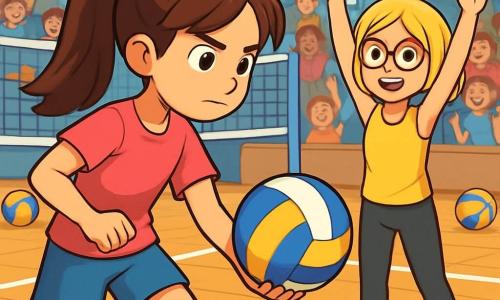 Ci sono due personaggi principali: - Anna: una ragazza di 12 anni, con lunghi capelli castani legati in una coda di cavallo, indossa una maglietta rosa e pantaloni corti blu. Si trova sul campo da volley, pronta a servire la palla, con un'espressione concentrata sul viso. - Sofia: una ragazza di 12 anni, con capelli biondi corti e occhiali rotondi, veste una canottiera gialla e pantaloni sportivi neri. Si trova a pochi passi da Anna, sorridente e incoraggiante, alzando le braccia in segno di sostegno. La scena principale si svolge in un'ampia palestra luminosa, con un pavimento in legno lucido e linee bianche tracciate per il volley. Le reti da volley sono tese alle due estremità del campo e spettatori entusiasti sono seduti sugli spalti, sventolando bandiere colorate. La situazione principale mostra Anna e Sofia in azione durante una partita di volley. Anna si prepara a servire la palla, mentre Sofia la incoraggia con un grande sorriso. L'atmosfera è piena di energia, con colori vivaci e espressioni gioiose sui volti dei bambini che le circondano.