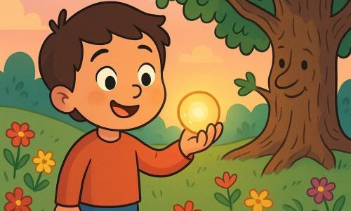 Ein Mann namens Lio, groß und lächelnd, mit braunen Haaren und neugierigen Augen, steht inmitten einer verzauberten Lichtung. Er betrachtet mit Staunen einen kleinen, runden und leuchtenden „Licht-Stein“, der in seiner Hand funkelt und sein Gesicht in sanftes goldenes Licht taucht. In der Nähe scheint eine majestätische alte Eiche, mit rauer Rinde und ausladenden Ästen, Lio zuzuhören, während ihre Blätter sanft im Wind tanzen. Die Lichtung ist von bunten Blumen umgeben, deren Blütenblätter leuchtend rot, gelb und violett sind, und ein kleiner Bach glitzert, während er sich durch das grüne Gras schlängelt. Lio, fasziniert, entdeckt die magische Kraft des „Licht-Steins“, der seinen Weg erleuchtet, während der Himmel im Dämmerlicht pastellfarbene Töne annimmt und eine märchenhafte, warme Atmosphäre schafft.