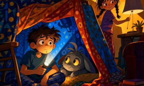 Milo, 11, round-faced with a small chin freckle and tousled brown hair, anxious but focused, holds a small white flashlight and breathes slowly to calm himself; Lina, 7, small and lively with messy braids and a reassuring, mischievous smile, gently turns off a table lamp by pulling the cord from outside their blanket fort; Nib, a cat-sized imaginary creature with soft gray fur, long drooping ears and glowing golden eyes, sits on the cushion beside Milo, calm and protective; setting: a living room turned blanket fort with colorful fabrics draped over chairs, warm lamps outside casting long shadows, a textured rug and scattered books, strong orange-to-midnight-blue contrast lighting; main moment: the flashlight goes out—its circle of light illuminates faces and fabrics while shadows sculpt the walls, Milo breathes, Lina encourages, Nib watches, creating an intimate, slightly dramatic atmosphere.