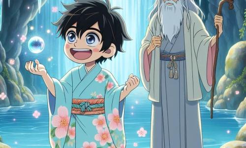 Kaito, un băiat de 10 ani, stă pe marginea unui lac cristalin într-o peșteră magică, cu ochii mari de uimire. Are părul negru și zburlit, un kimono bleu deschis cu motive de flori de cireș și un zâmbet strălucitor. Lângă el, Bătrânul Sakura, un om de 70 de ani cu barbă albă și ochi înțelepți, îl observă cu bunăvoință, purtând un kimono tradițional gri și ținând un baston, ca un ghid spiritual. Peștera este iluminată de reflecțiile argintii ale Perlei Înțelepciunii, care plutește deasupra lacului, creând o atmosferă feerică. Pereții peșterii sunt împodobiți cu cristale strălucitoare și liane verzi, iar flori de cireș cad ușor, adăugând o notă de magie. Kaito este pe cale să apuce Perla Înțelepciunii, simbolizând curajul și determinarea sa de a aduce pacea în satul său.