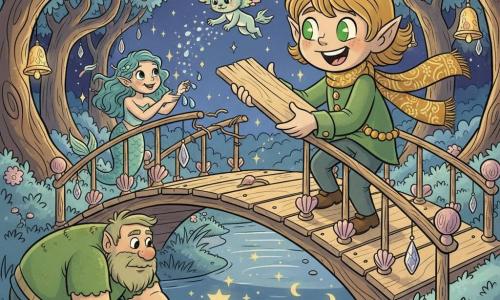 Un elf băiat vesel și hotărât, cu ochi mari verzi, păr miere tuns în șuvițe, vestă verde cu nasturi scoică și eșarfă lungă brodată cu auriu, repară podul ținând o scândură strălucitoare; o sirenă fetiță de ~10 ani cu păr albastru-verzui ondulat lipește scoici colorate pe balustradă, lăsând picături luminoase; un zănatec de mărimea unei pisici cu aripi curcubeu aruncă „praf magic” sclipitor; un gigant blând, scund și masiv, cu piele acoperită de mușchi așază pietre rotunde la baza podului; locul: un pod vechi refăcut cu scânduri deschise și balustrade împodobite cu scoici și clopoțele de cristal peste „Râul Cuvintelor Pierdute” care reflectă stele și luni, înconjurat de pădure cu frunze bleu pal, copaci răsuciți cu clopoțele agățate și licurici ca felinare; atmosferă nocturnă, lumină argintie de lună, reflecții colorate, ambient cald, magic; stil vizual: linii curbe, forme exagerate, culori pastel saturate, texturi netede și lucioase, estetică retro cartoon rubber hose.
