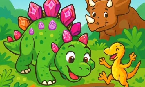 Ein Stegosaurus mit grünen und rosa Schuppen, dessen schimmernde Rückenplatten wie Edelsteine funkeln, steht am Ufer eines Sees, seine Augen leuchten vor Aufregung. Er betrachtet den Sonnenreflex auf dem Wasser, sein Ausdruck ist fröhlich und neugierig. Neben ihm hüpft ein kleiner Compsognathus mit gelben und orangefarbenen Federn, der mit einem schelmischen Lächeln Freude zeigt, während seine kleinen, agilen Beine um den Stegosaurus tanzen. Im Hintergrund steht ein Triceratops mit breitem Schädel und weißen Hörnern, der die Szene freundlich beobachtet. Die Umgebung ist ein grünes Tal, gefüllt mit üppigen Farnen und bunten Blumen, unter einem strahlend blauen Himmel mit fluffigen Wolken. Die Hauptsituation zeigt den Stegosaurus und seine Freunde, die ein mysteriöses Spiegelbild im Wasser entdecken, bereit, gemeinsam ein neues Abenteuer zu erleben.