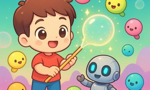 A smiling round-faced man named Max with short brown hair and bright eyes gently repairs a too-large bubble with a sparkling long bubble wand while a small silver robot named Zippy with blue LED eyes flashes and helps at his side, surrounded by bouncing fluorescent round creatures called Bloops on a smooth pink-and-purple surface under a turquoise gradient sky with translucent bubbles and soft mountains, all in a chibi kawaii style with warm lighting, bright contrasting colors and soft rounded textures.