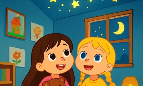There are two main characters: - Lily: a 6-year-old girl with long brown hair and sparkling eyes. She wears a pink dress with floral patterns and holds a teddy bear in her arms. - Mia: a 6-year-old girl with braided blonde hair and big blue eyes. She wears a yellow t-shirt and a polka dot skirt. She is sitting next to Lily, and both are looking at the ceiling. The main setting is a cozy classroom with light blue walls, children's drawings hanging up, and a large window letting in moonlight. In the center of the room, there is a fluffy rug where the children sit, and a soft light from a nightlight creates stars on the ceiling. The main situation shows Lily and Mia sitting together on the rug, surrounded by the soft darkness of the classroom. They gaze in wonder at the bright stars projected on the ceiling, with their teddy bears cuddled against them. Their facial expressions reveal curiosity and amazement, turning their fear of the dark into a magical adventure.