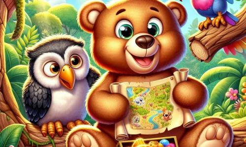 A teddy bear named Benny, with soft brown fur and big curious eyes, smiles joyfully while holding an old wooden treasure. Next to him, a wise owl named Oliver, with gray feathers and round glasses, watches the treasure map closely from a low branch. A colorful toucan named Tilly, with a bright yellow and red beak, flies around them, laughing and adding excitement to the adventure. In the background, a lush jungle filled with green trees, vibrant flowers, and sunlight filtering through the leaves stretches out. The scene shows Benny and his friends discovering a colorful box filled with delicious honey cakes, all laughing and sharing this sweet treasure together.