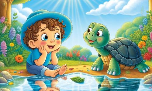 A 3-year-old boy named Leo, with curly hair and sparkling curious eyes, wears a bright blue hat. He smiles in wonder, sitting by a magical pond with his feet in the water, contemplating his reflection. Next to him is a wise old turtle named Tully, with a shiny shell and gentle eyes, standing on a rock and looking at Leo kindly. The setting is an enchanting garden filled with colorful flowers and majestic trees under a blue sky dotted with fluffy clouds. The main scene shows Leo asking questions to Tully while sun rays filter through the leaves, creating a warm and magical atmosphere.