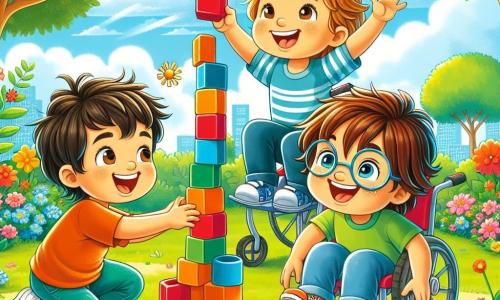 En un jardín soleado, tres amigos se divierten construyendo una torre de bloques de colores. Pedrito, un niño de 7 años con cabello castaño desordenado y ojos brillantes, está agachado a la izquierda, sosteniendo un gran bloque rojo. Nico, un niño de 6 años con cabello rubio y gafas redondas, salta alegremente en el centro, listo para añadir un bloque azul en la parte superior de la torre. Tomi, un niño de 8 años en silla de ruedas, con cabello castaño y una gran sonrisa, está a la derecha, empujando un bloque verde hacia la pila, rodeado de juguetes esparcidos. El jardín está lleno de flores coloridas, árboles verdes y un cielo azul brillante. Al fondo, una pequeña mariposa vuela alrededor de ellos. La escena principal muestra a los tres amigos riendo juntos mientras su torre de bloques comienza a inclinarse peligrosamente, creando un momento de suspense y alegría.