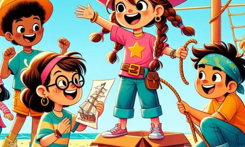 Una niña de 10 años, llamada Martina, está en el centro de la imagen, con una gran sonrisa en su rostro. Lleva una gorra rosa con una estrella amarilla, el cabello castaño recogido en dos coletas y una camiseta colorida con motivos de piratas. Martina dirige a sus amigos, con los brazos levantados con entusiasmo, como una verdadera capitana de barco. A su derecha, Lucas, un niño de 11 años, es alto y delgado, con gafas redondas y cabello despeinado. Sostiene una cuerda, concentrado, listo para ayudar a construir el barco. A su izquierda, Sara, una niña de 10 años con grandes gafas y cabello castaño, está sentada en el suelo, rodeada de hojas, dibujando mapas del tesoro. Finalmente, Tomás, un niño de 9 años con cabello rizado y una gran sonrisa, se ríe sentado en una caja de cartón, añadiendo humor a la escena. El lugar es un parque soleado, con un gran tobogán amarillo que parece un mástil de barco, árboles verdes y flores coloridas que dan vida al entorno. La escena está llena de alegría y energía, con risas y voces que parecen salir de la imagen. Los niños están construyendo su barco pirata imaginario con cartones y hojas, riendo y divirtiéndose juntos, ilustrando el espíritu de amistad y aventura que los une.