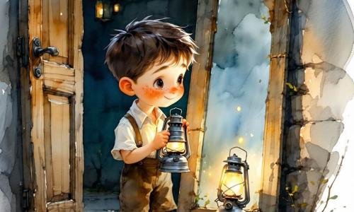 Um menino de 8 anos, rosto redondo com sardas e cabelo castanho curto, olhar arregalado mas resoluto, segura contra o peito uma pequena lanterna metálica um pouco amassada cuja luz amarela pálida traça uma linha no chão empoeirado e parece sussurrar, flutuando ligeiramente sobre a mão; num canto, um grande espelho coberto por um velho lençol branco treme como uma vela, junto a caixas empilhadas uma portinha de madeira entreaberta revela uma fresta negra e uma fechadura enferrujada, e a janela redonda atrás mostra um jardim encoberto de neblina com árvores desfocadas e gotas de chuva; o sótão está cheio — assoalho rachado, caixas abertas, poeira iluminada pela lanterna — e o menino avança com cautela apontando o fino feixe de luz para o espelho, a porta e a janela, numa atmosfera misteriosa, infantil e levemente inquietante.