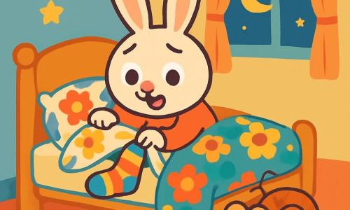 Benny Bunny, a little rabbit with big ears and soft white fur, is sitting on his bed with wide eyes and a worried smile. He is searching for his night carrot under his pillow, surrounded by colorful flower-patterned sheets. Next to him, a cute snail with a striped shell and round eyes is lying on the carpet, looking sleepy and a bit confused, wondering why the rabbit is so restless. Benny's room is decorated with pastel walls, bright stars stuck to the ceiling, and a small window letting in moonlight. While rummaging under his pillow, Benny realizes he only finds silly socks and a sleeping snail, which makes him even more curious and amused.