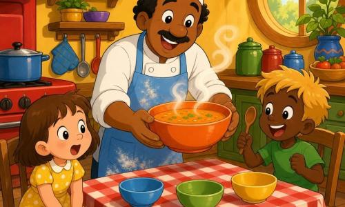 A smiling, kind Chef Leo in an oversized white chef’s hat and a light blue apron lightly dusted with flour holds a steaming bowl of orange soup toward a table; a 5‑year‑old girl with a short brown bob in a yellow polka‑dot dress sits left, hands on her knees, gazing in wonder, and a 6‑year‑old boy with tousled blond hair in a green T‑shirt sits right, bouncing with a small wooden spoon; the warm, colorful kitchen has a light wood table with a red‑and‑white check tablecloth, shelves of jars, a large red oven and a round window letting in soft golden light, steam spirals rising above the bowls, creating a cozy family‑sharing atmosphere.