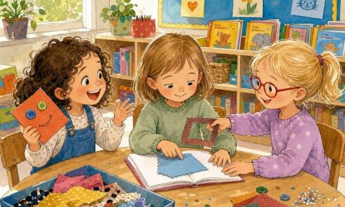 Drei Mädchen, je etwa 5 Jahre: Mila (hellbraunes Haar, hellgrüner Pullover, sitzt in der Mitte, hält eine Buchseite mit aufgeklebtem hellblauem Stoffquadrat und berührt es vorsichtig), Aylin (braune Locken, ausdrucksstarkes Gesicht, breites Lächeln, links von Mila, hält ein buntes Blatt mit aufgeklebten Knöpfen als Augen und gestikuliert fröhlich), Greta (blonde zusammengebundene Haare, rote Brille, rechts von Mila, hält einen mit Sandpapier eingefassten Papierrahmen, zeigt ihn Mila und legt die Hand nahe an die gemeinsame Seite). Ort: Werkstattecke im Kindergarten mit kleinem hellen Holztisch, offener Materialkiste (Stoffe, Wolle, Knöpfe, Sandpapier, verstreuter Glitzer), niedrigen Regalen mit bunten Büchern und einem großen Schild "Bücher-Ecke", sanftes Morgenlicht durch ein Fenster. Hauptsache: Die drei basteln gemeinsam ein kleines Fühlbuch — Milas Seite mit weichem Stoff, Aylins bunte Seite mit Knöpfen, Gretas Seite mit Sandpapier; sie teilen Materialien, sind konzentriert und zeigen Neugier, Respekt und Zusammenhalt.