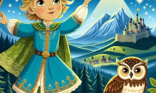 Een prins genaamd Leo, ongeveer 10 jaar oud, staat op de top van een groene heuvel, met ogen vol verwondering. Hij draagt een luchtige blauwe tuniek met gouden patronen en een delicate kroon op zijn hoofd. Zijn blonde haar waait zachtjes in de wind terwijl hij zijn hand uitsteekt naar een fonkelende ster aan de nachtelijke hemel, zijn gezicht verlicht door de magie van het moment. Naast hem zit een oude wijze uil met bruine veren en ronde gouden ogen op een tak. Ze kijkt vriendelijk naar de prins, klaar om hem advies te geven voor zijn avontuur. Op de achtergrond strekt een uitgestrekt landschap van majestueuze bergen en weelderige bossen zich uit, onder een sterrenhemel waar de Glanzende Ster fel straalt en de scène verlicht met een zachte zilveren gloed. De hoofdscène toont prins Leo, verwonderd en vastberaden, die zich voorbereidt om naar de Glanzende Ster te vliegen, met de uil aan zijn zijde, die wijsheid en vriendschap symboliseert in zijn magische avontuur.