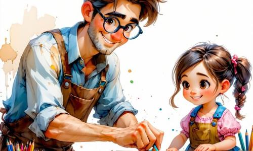 Un joven inventor sonriente y concentrado, cabello castaño claro despeinado, gafas redondas y bata manchada de pintura, coloca suavemente sobre una mesa una tabla hecha con tela, cartón y corchos; Lola, una niña de unos 9 años, alegre y traviesa, con trenza y vestido colorido, pega una tira de tela en una esquina; Don Arturo, hombre de unos 60 años, calmado y benévolo, bigote gris y gorra, está junto a la puerta con una bicicleta apoyada sonriendo; al fondo dos niños del barrio (un niño de 6 y una niña de 7) observan maravillados con lápices y muestras de material; taller luminoso con suelo cubierto de grandes planchas de cartón marrón, estantes de madera llenos de botellas, telas, cajas de herramientas y un bote de pintura volcado; sobre la mesa manchas de pintura vivas y pequeños trozos de material; escena de creación colectiva donde el inventor y sus amigos prueban y reparan la tabla inventiva, ambiente cálido, gestos precisos, colores vivos y texturas visibles (cartón arrugado, tela cosida, corchos apilados); estilo: lápices de colores, trazos suaves, paleta alegre y contrastada, luz dorada de tarde.