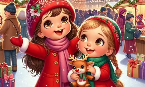 Dos niñas pequeñas, Lila y Sofía, están en el centro de la escena. Lila, de 8 años, tiene el cabello largo y castaño y lleva un abrigo rojo brillante con un gorro a juego. Sonríe alegremente levantando los brazos. A su lado, Sofía, también de 8 años, tiene el cabello rubio trenzado y lleva una bufanda verde. Juega con un reno de peluche, riendo a carcajadas. Al fondo, se extiende un animado mercado navideño, lleno de puestos decorados con guirnaldas luminosas. Copos de nieve caen suavemente del cielo, añadiendo un toque mágico a la atmósfera. La gente se mueve, llevando bolsas llenas de regalos, mientras un gran árbol de Navidad iluminado se alza orgullosamente al final del mercado. La situación principal muestra a Lila y Sofía, maravilladas por la belleza del mercado, mientras buscan reencontrarse tras haberse perdido. Sus rostros brillan de alegría y emoción, rodeadas del ambiente festivo navideño.